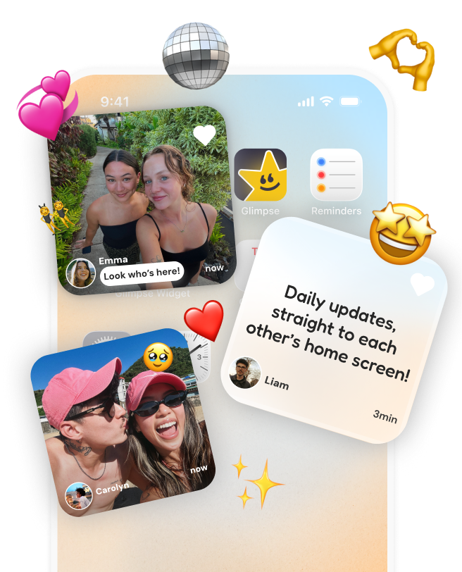 Glimpse app preview showing widgets and photo sharing
